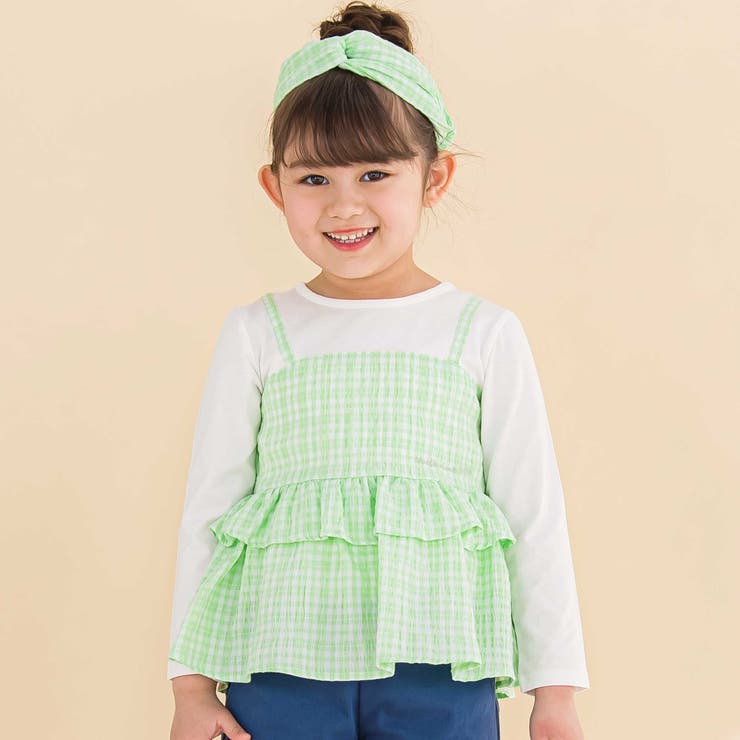 グリーン系 | 【お揃い】ワッシャーチェックキャミ重ね着風長袖Tシャツ(80~130cm) | Noeil aime BeBe