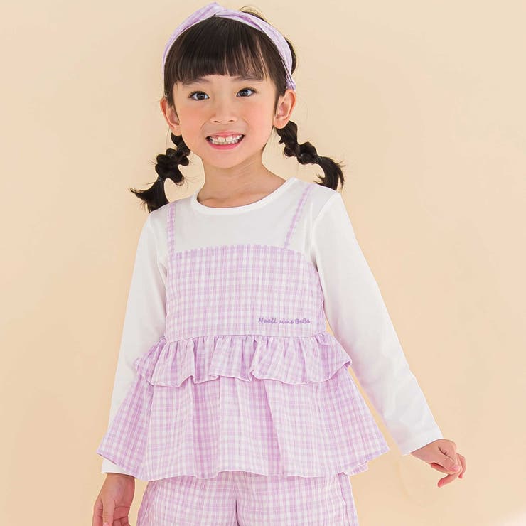 パープル系 | 【お揃い】ワッシャーチェックキャミ重ね着風長袖Tシャツ(80~130cm) | Noeil aime BeBe