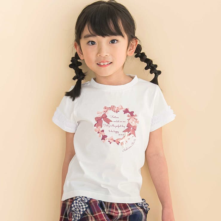 天竺袖フリルリボンプリント半袖Tシャツ(80~130cm) | Noeil aime BeBe | 詳細画像1 