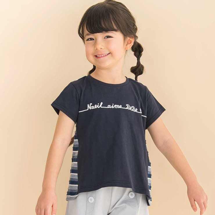 【お揃い】天竺ｘリップルボーダーAライン半袖Tシャツ(80~130cm) | Noeil aime BeBe | 詳細画像1 