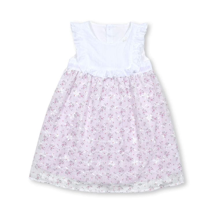 胸フリル花柄シフォン切り替えワンピース(80~130cm)[品番
