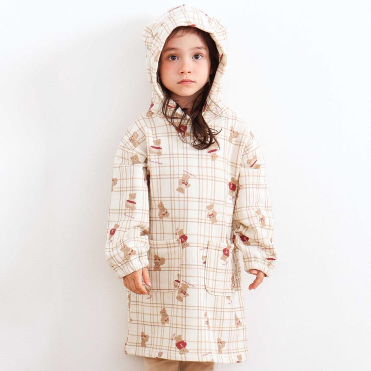 オフホワイト | 【お揃い】アニマルクマさん総柄クマ耳フード付きワンピース(80~130cm) | SLAP SLIP