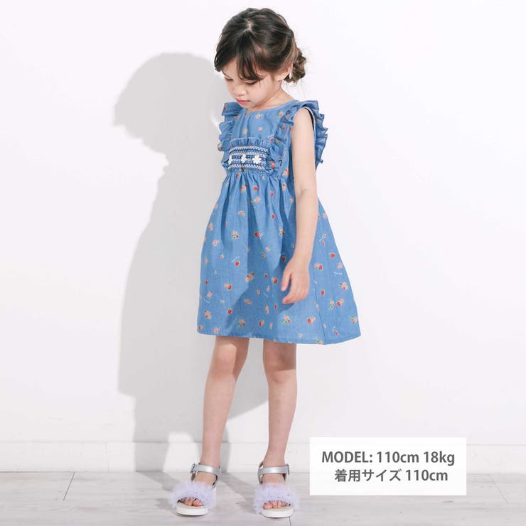 デニムチェックイチゴ×お花プリントスモッキングワンピース[品番