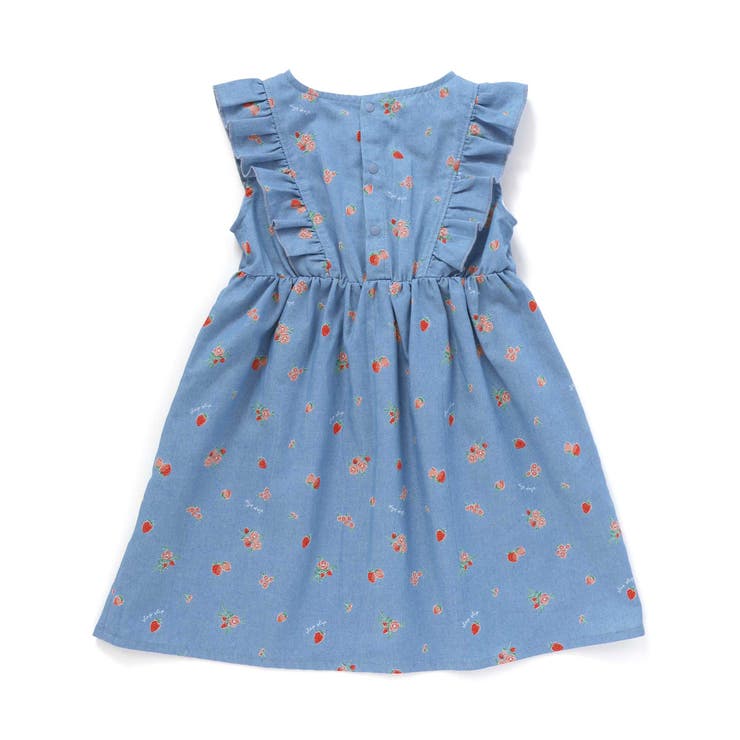 デニムチェックイチゴ×お花プリントスモッキングワンピース[品番 デニムチェックイチゴ×お花プリントスモッキングワンピース[品番