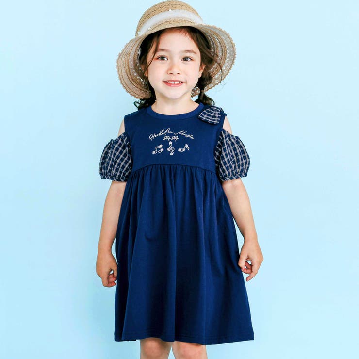 ストライプチェック袖リボンオフショルワンピース(90~130cm) | SLAP SLIP | 詳細画像1 