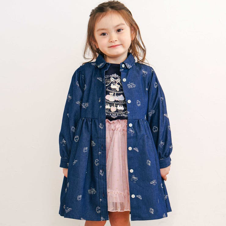 ネイビー系 | 刺しゅう総柄襟付きデニムワンピース(80~130cm) | SLAP SLIP