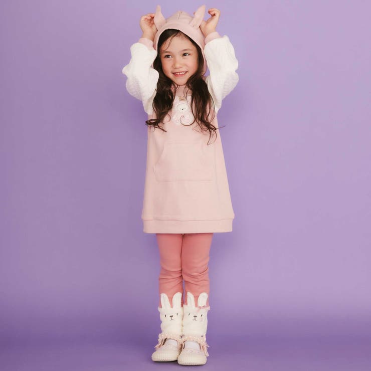 ウサギネコアニマルふわふわパッチ刺しゅう袖切り替えフーディーワンピース(80~1… | SLAP SLIP | 詳細画像3 