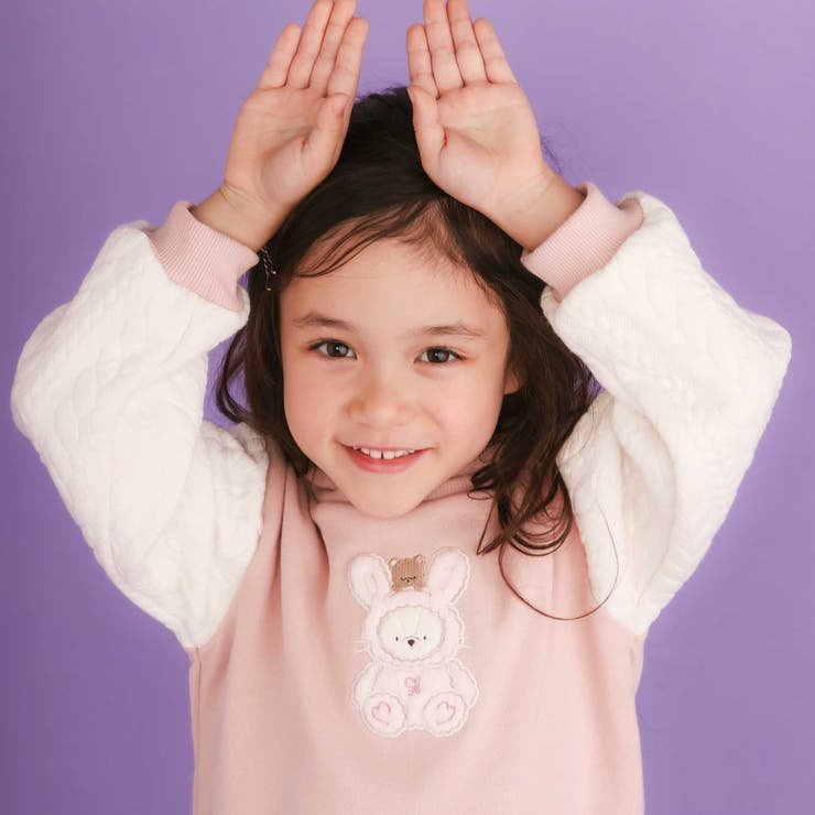 ウサギネコアニマルふわふわパッチ刺しゅう袖切り替えフーディーワンピース(80~1… | SLAP SLIP | 詳細画像4 