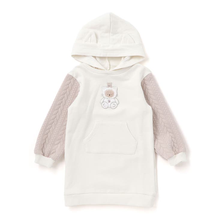 オフホワイト(ネコ) | ウサギネコアニマルふわふわパッチ刺しゅう袖切り替えフーディーワンピース(80~1… | SLAP SLIP