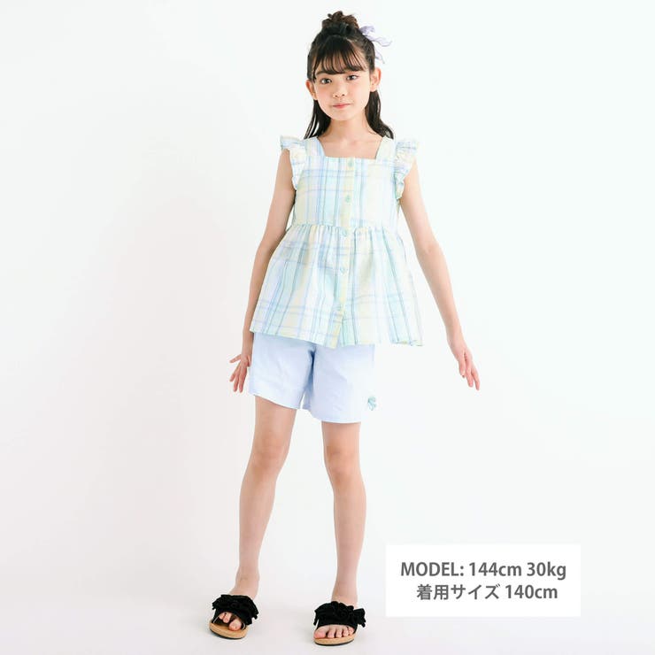 マドラスチェック柄チュニック+裾リボンショートパンツ2点セット
