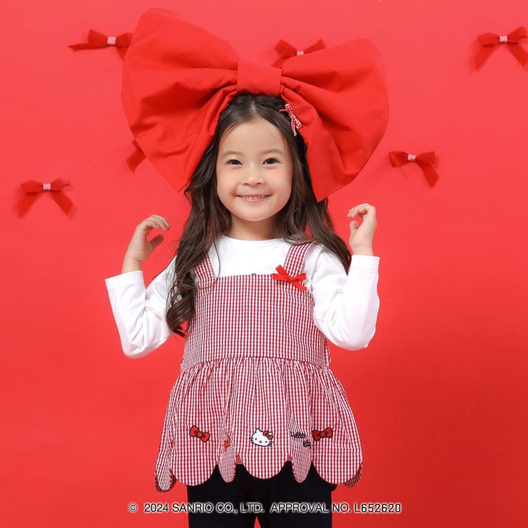 チェックドット柄スカラップビスチェ+ハローキティプリント長袖Tシャツ