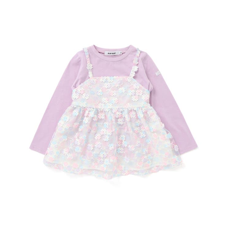 パープル×ホワイト系 | 【お揃い】お花レースキャミ+天竺長袖Tシャツ2点セット(80~130cm) | SLAP SLIP