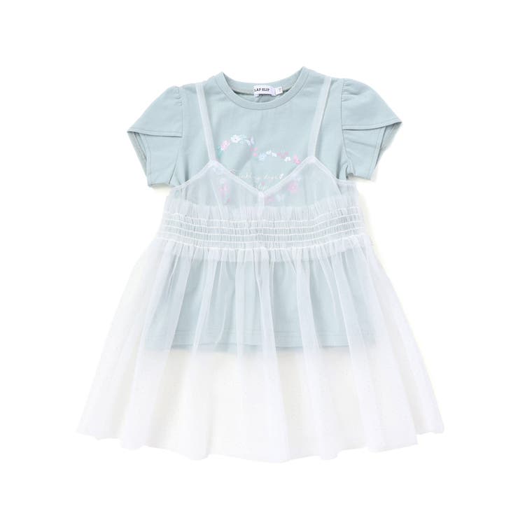 グリーン×ホワイト | ラメチュールキャミソール+半袖Tシャツ2点セット(80~130cm) | SLAP SLIP