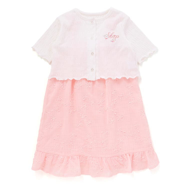 ホワイト×ピンク | お花刺しゅうカーディガン+肩リボンキャミソールワンピース2点セット(90~130… | SLAP SLIP