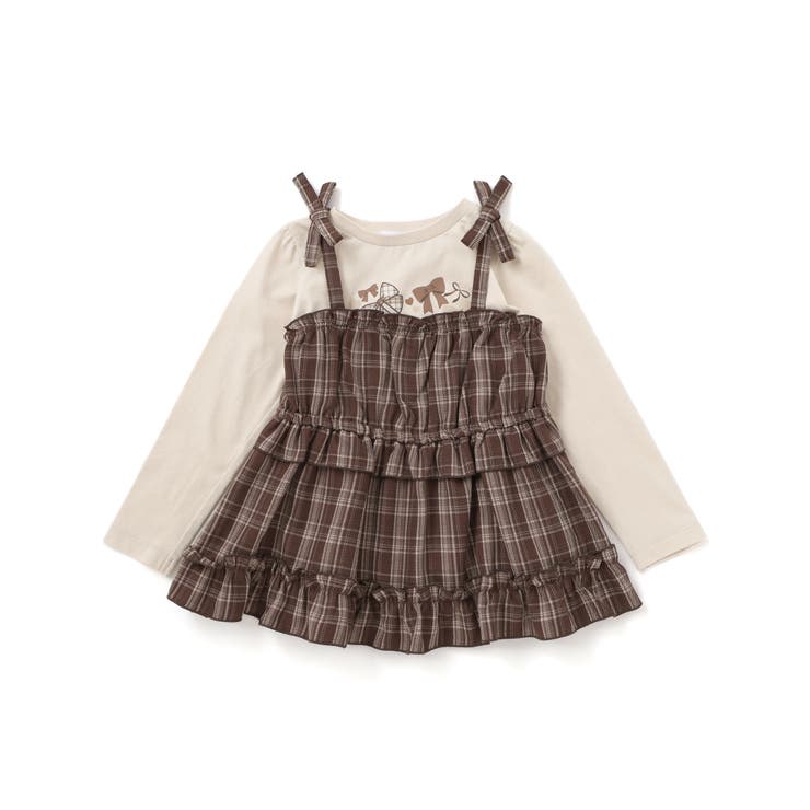 ブラウン系 | 【お揃い】チェックティアードキャミソール+フロントプリント長袖カットソー2点セッ… | SLAP SLIP