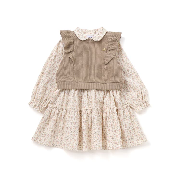 ベージュ×オフホワイト系 | 【お揃い】チェック花柄コーデュロイワンピース+ニットベスト2点セット(80~13… | SLAP SLIP