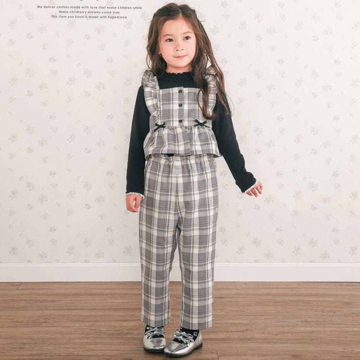 グレー系(チェック) | 【お揃い】ヘリンボーンチェックフリルビスチェ+パンツセットアップ(80~130c… | SLAP SLIP