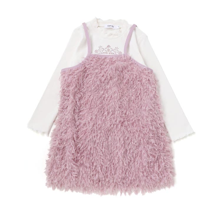 オフホワイト×パープル | キラキラモチーフ長袖Tシャツ+ファーキャミワンピセット(90~130cm) | SLAP SLIP