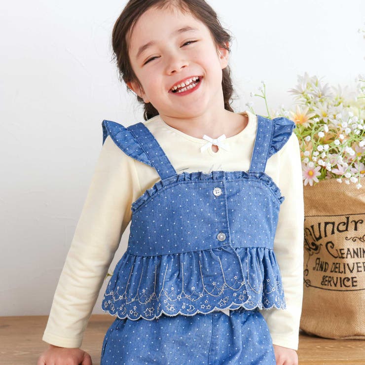 キラキラ刺しゅう裾スカラップ無地ドットライトオンスデニムセットアップ(90~13… | SLAP SLIP | 詳細画像22 