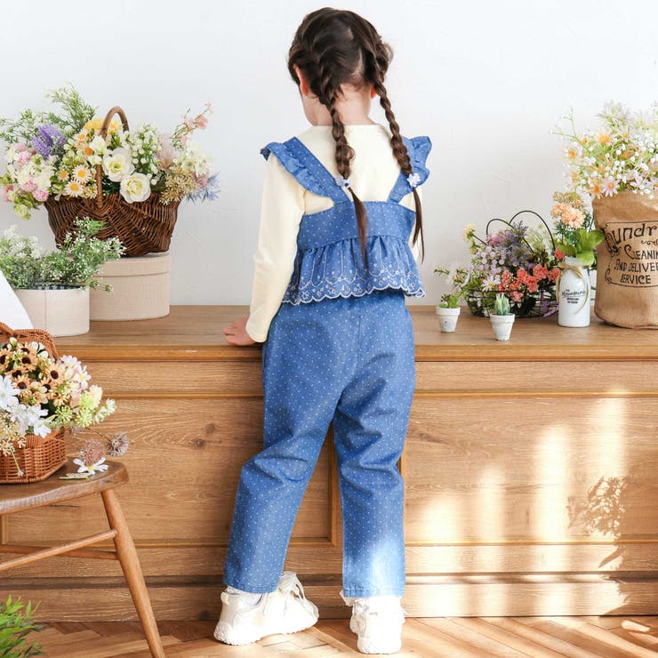 キラキラ刺しゅう裾スカラップ無地ドットライトオンスデニムセットアップ(90~13… | SLAP SLIP | 詳細画像3 