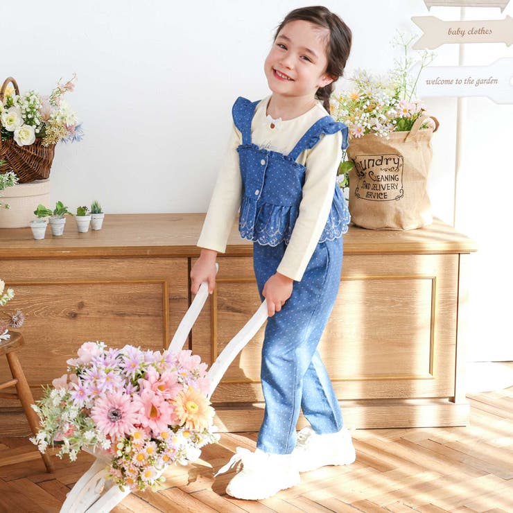 キラキラ刺しゅう裾スカラップ無地ドットライトオンスデニムセットアップ(90~13… | SLAP SLIP | 詳細画像4 