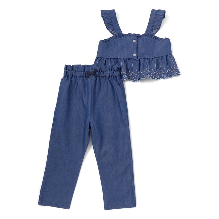 ネイビー | キラキラ刺しゅう裾スカラップ無地ドットライトオンスデニムセットアップ(90~13… | SLAP SLIP