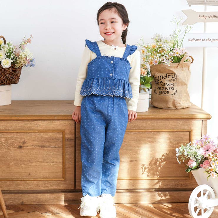 ブルー系(ドット) | キラキラ刺しゅう裾スカラップ無地ドットライトオンスデニムセットアップ(90~13… | SLAP SLIP