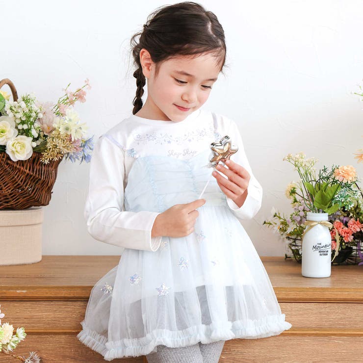 ホワイト×ブルー | キラキラプリントTシャツ+スパンコールお星さまキャミチュニック2点セット(90~… | SLAP SLIP