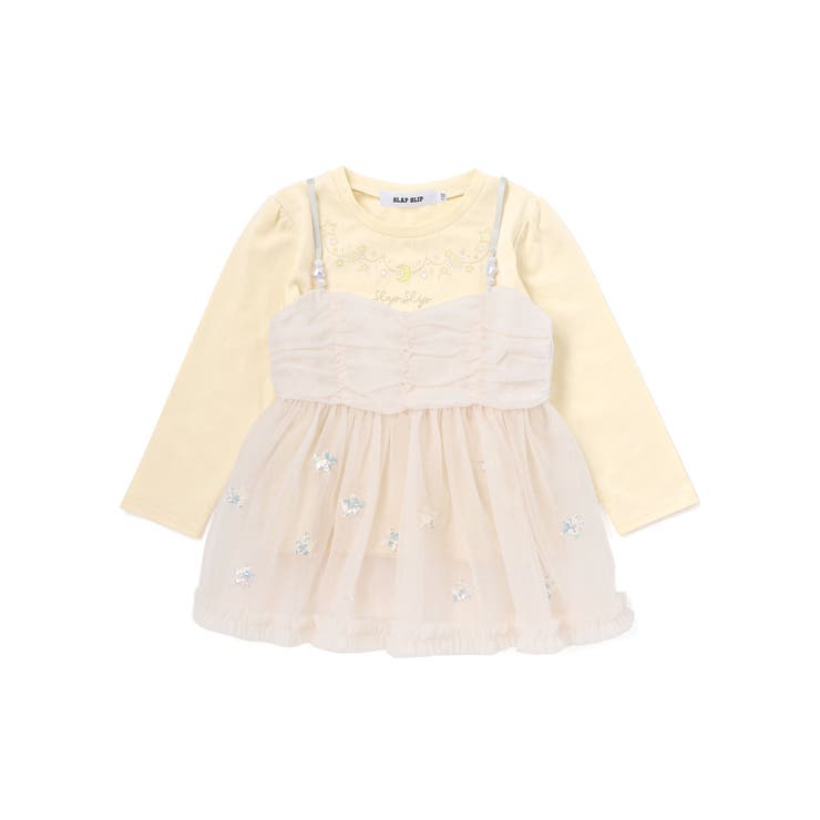 イエロー×オフ | キラキラプリントTシャツ+スパンコールお星さまキャミチュニック2点セット(90~… | SLAP SLIP