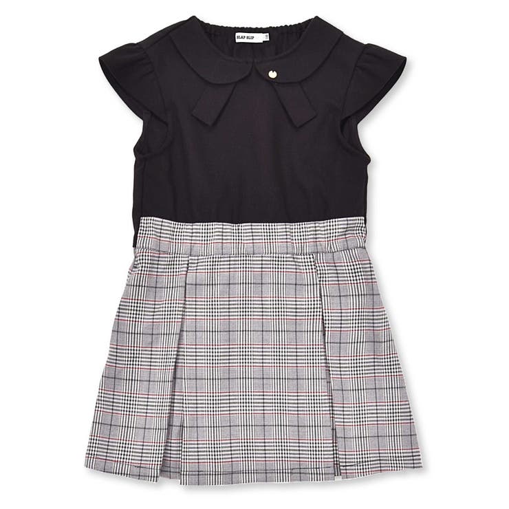 ブラック | 【お揃い】リボン風襟付き肩あきチェックタック入りジャンパースカート(80~140… | SLAP SLIP