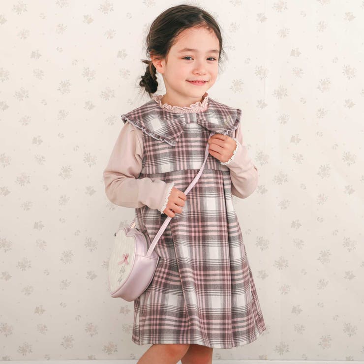 ピンク系(チェック) | 【お揃い】ビッグリボン襟ジャンパースカート(80~130cm) | SLAP SLIP