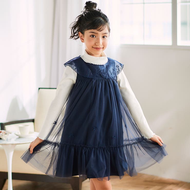 ハート音符刺しゅうオーガンジービッグカラーワンピース(80~130cm) | SLAP SLIP | 詳細画像1 