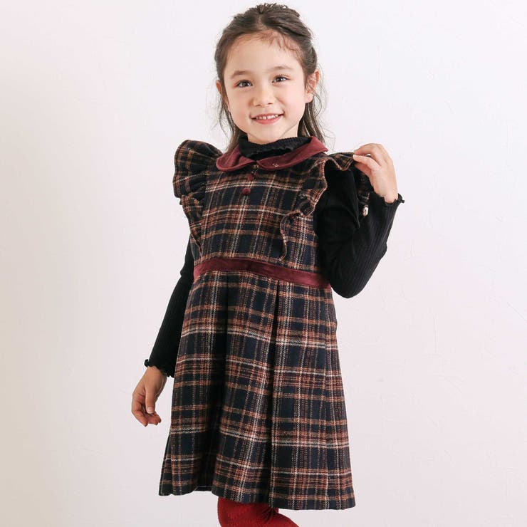 ボルドー×ネイビー系 | 【お揃い】襟付きタックスカートチェックジャンパースカート(90~130cm) | SLAP SLIP