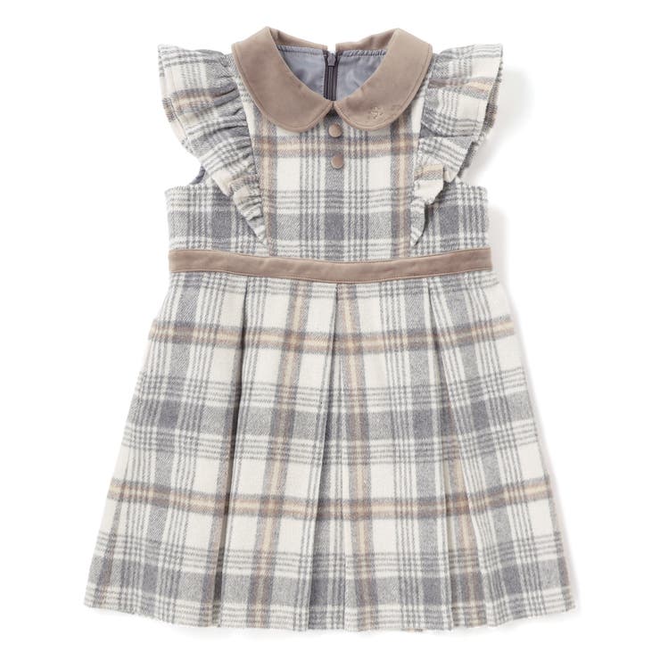 ベージュ×グレー系 | 【お揃い】襟付きタックスカートチェックジャンパースカート(90~130cm) | SLAP SLIP