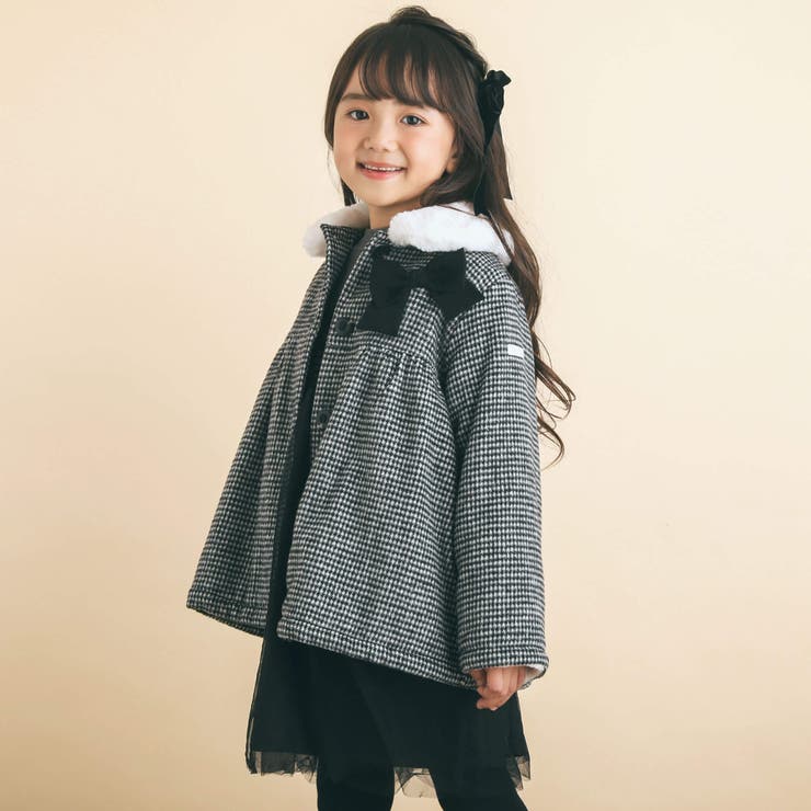 千鳥格子チェック柄ファー襟コート(90~130cm)[品番：BEBK0008099