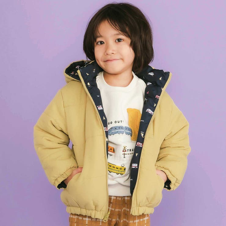 イエロー×ネイビー系 | 無地プリント柄リバーシブルコート(80~130cm) | SLAP SLIP