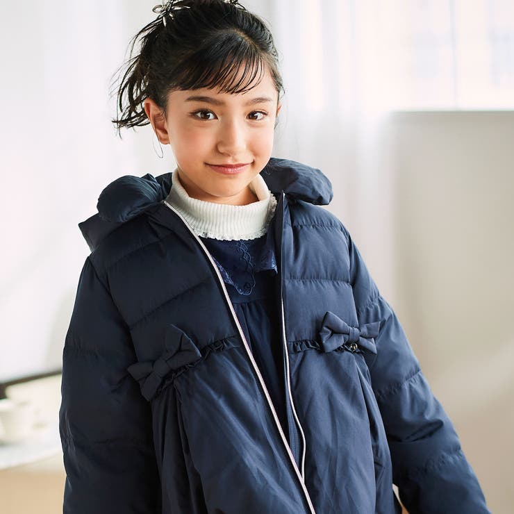 フード付き腰リボンペプラムダウンコート(90~130cm)[品番：BEBK0012137