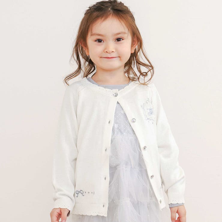 オフホワイト | ジュエル風ボタン縁スカラップニットカーディガン(90~130cm) | SLAP SLIP