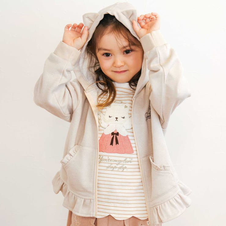 オフホワイト(ネコ) | アニマルネコウサギ耳付きフード裾フリルフルジップパーカー(80~130cm) | SLAP SLIP