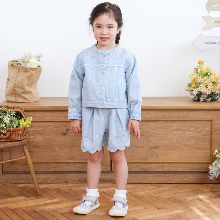 ツイルデニム後ろリボンレース刺しゅう入りノーカラージャケット(90~130cm) | SLAP SLIP | 詳細画像5 