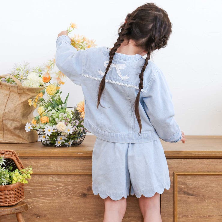 ツイルデニム後ろリボンレース刺しゅう入りノーカラージャケット(90~130cm) | SLAP SLIP | 詳細画像6 