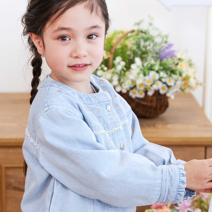 ツイルデニム後ろリボンレース刺しゅう入りノーカラージャケット(90~130cm) | SLAP SLIP | 詳細画像7 