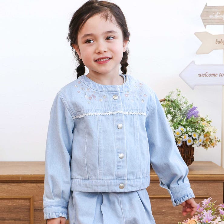 ブルー | ツイルデニム後ろリボンレース刺しゅう入りノーカラージャケット(90~130cm) | SLAP SLIP