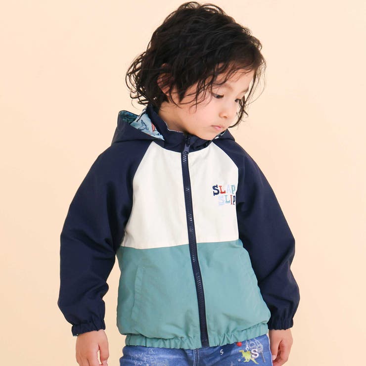 ネイビー系 | はたらく車・恐竜ラグランリバーシブルタフタジャケット(80~130cm) | SLAP SLIP