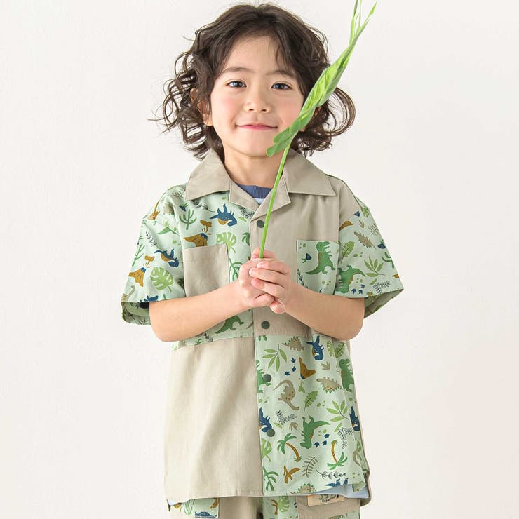 サファリ柄切り替え胸ポケット付き麻レーヨンシャツ[品番：BEBK0011028