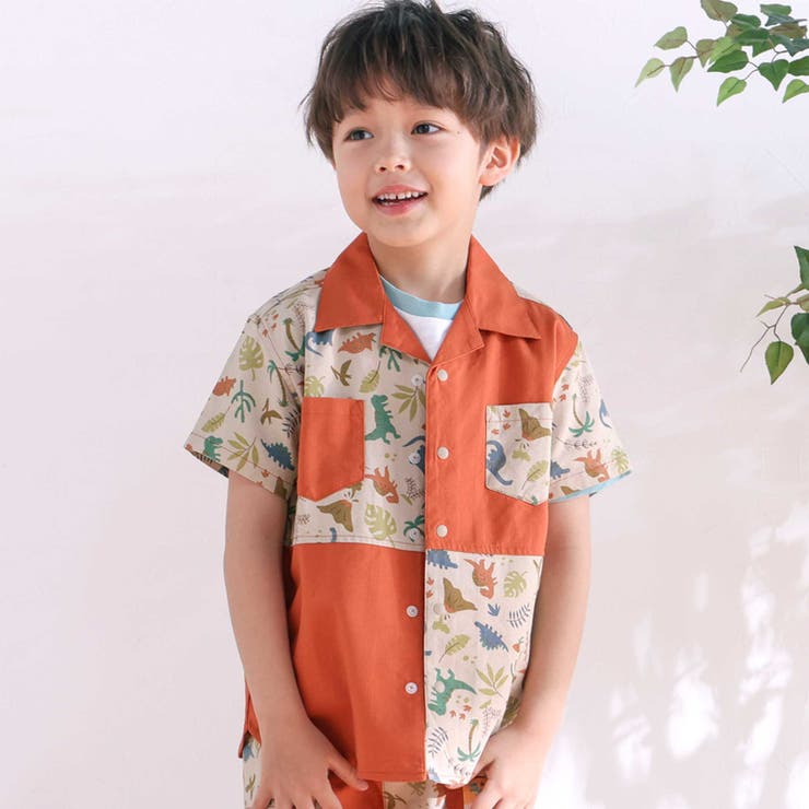 サファリ柄切り替え胸ポケット付き麻レーヨンシャツ[品番：BEBK0011028