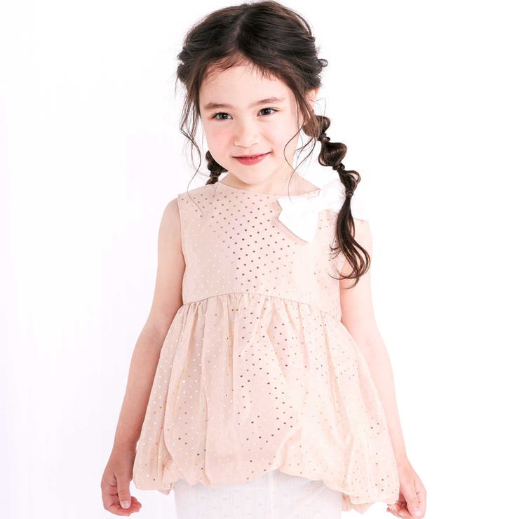 ピンクベージュ系 | キラキラ箔プリントリボン付きバルーンオーガンジーブラウス(80~130cm) | SLAP SLIP