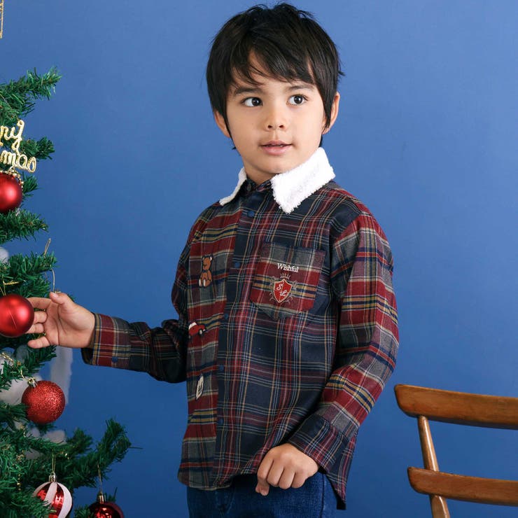 ネイビー×レッド系 | 【お揃い】もこもこボア襟切り替えチェックシャツ(90~130cm) | SLAP SLIP