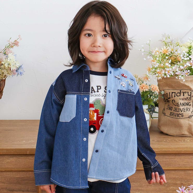 ネイビー系 | はたらくくるま刺しゅう胸ポケット切り替えデザインシャツ(80~130cm) | SLAP SLIP