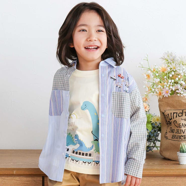 グリーン系 | はたらくくるま刺しゅう胸ポケット切り替えデザインシャツ(80~130cm) | SLAP SLIP